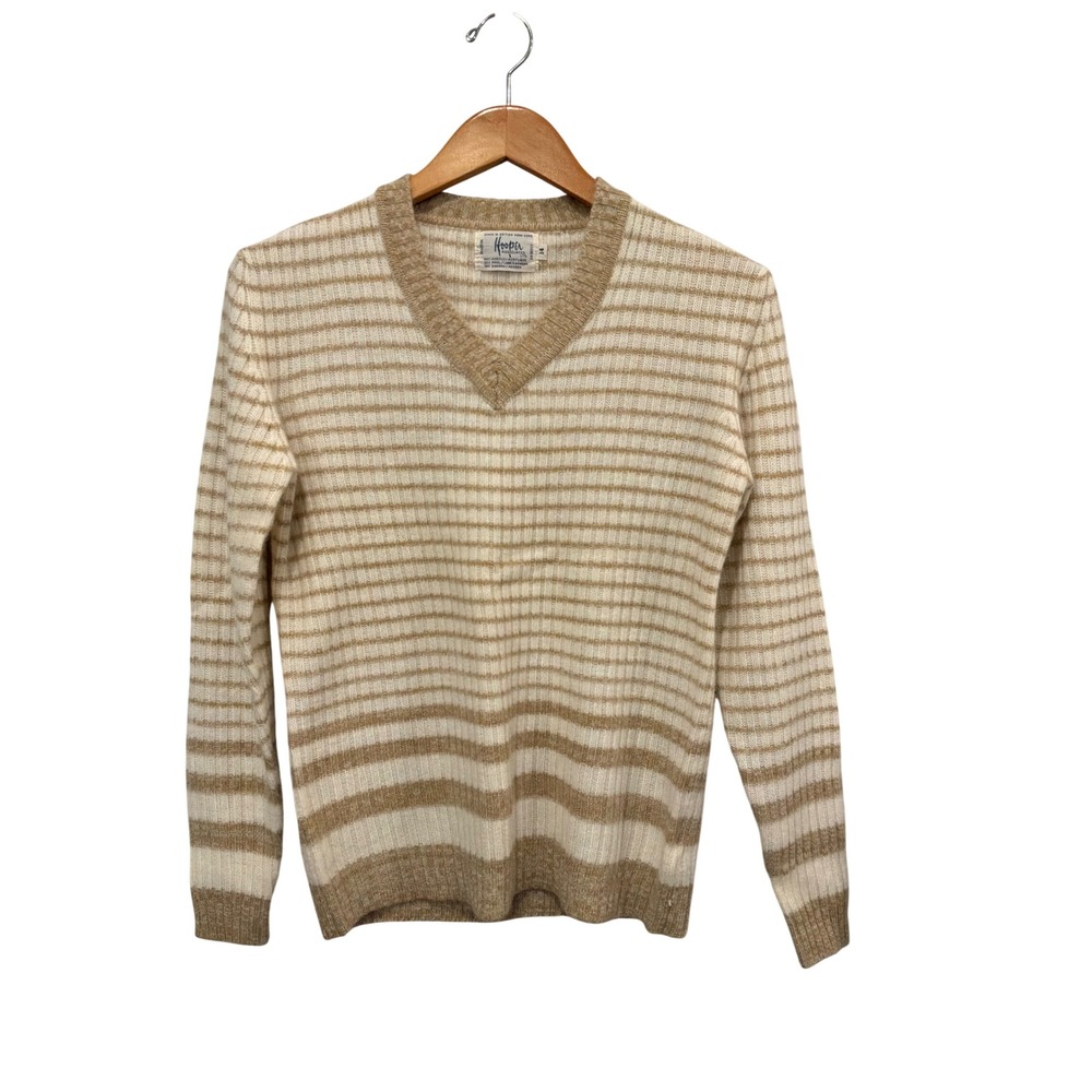 Hooper Associates 90s Vintage Striped V-Neck Sweater Wool Angora Tan Cream Sz 14
